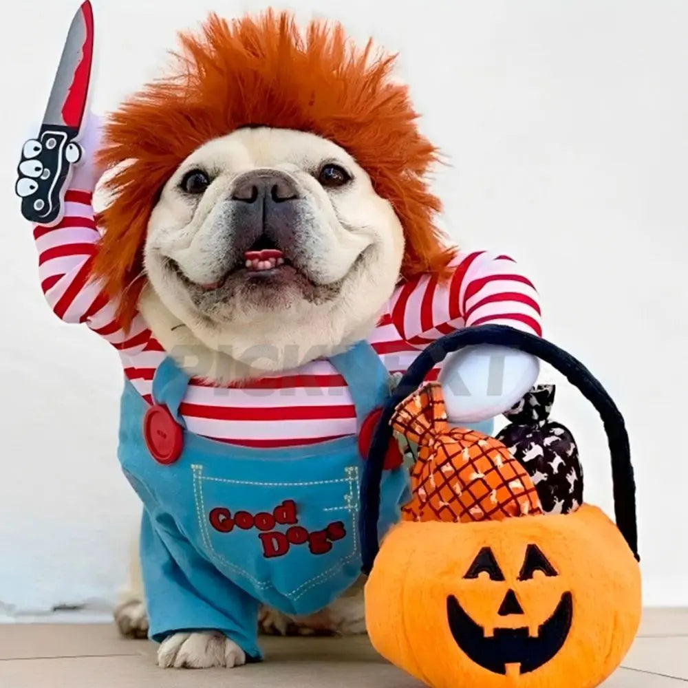 👹🐶 Disfraz Chucky Mascota + Máscara LED Oso Macabro – El Combo Más Viral de Halloween